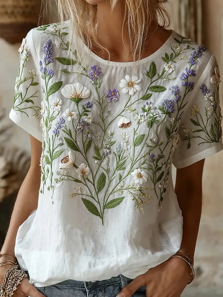 Damen Retro Floral Art Print Casual Baumwolle Leinen Top-Mode & Komfort