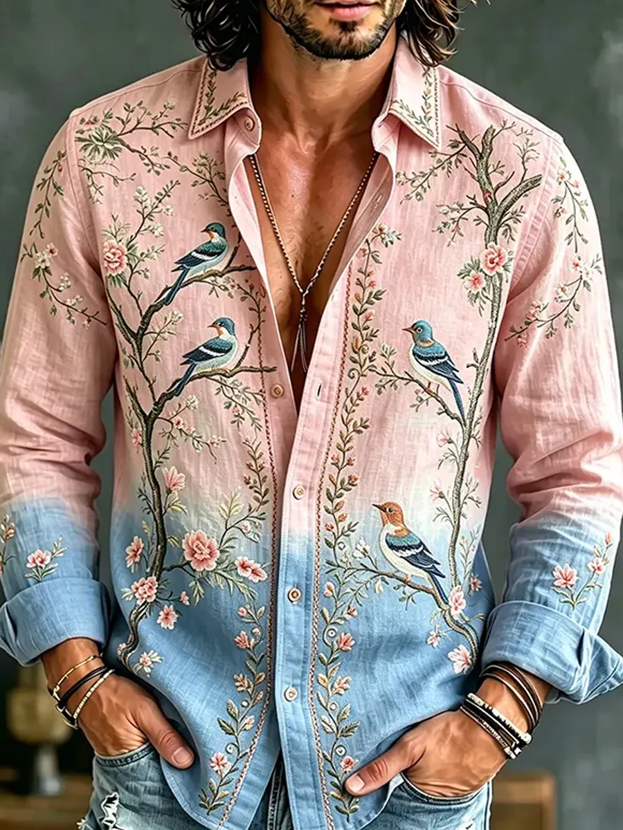 Herren-Retro-Shirt mit abstraktem Kunstprint, lässig, aus Baumwolle-Leinen-Mischgewebe-Mode & Komfort