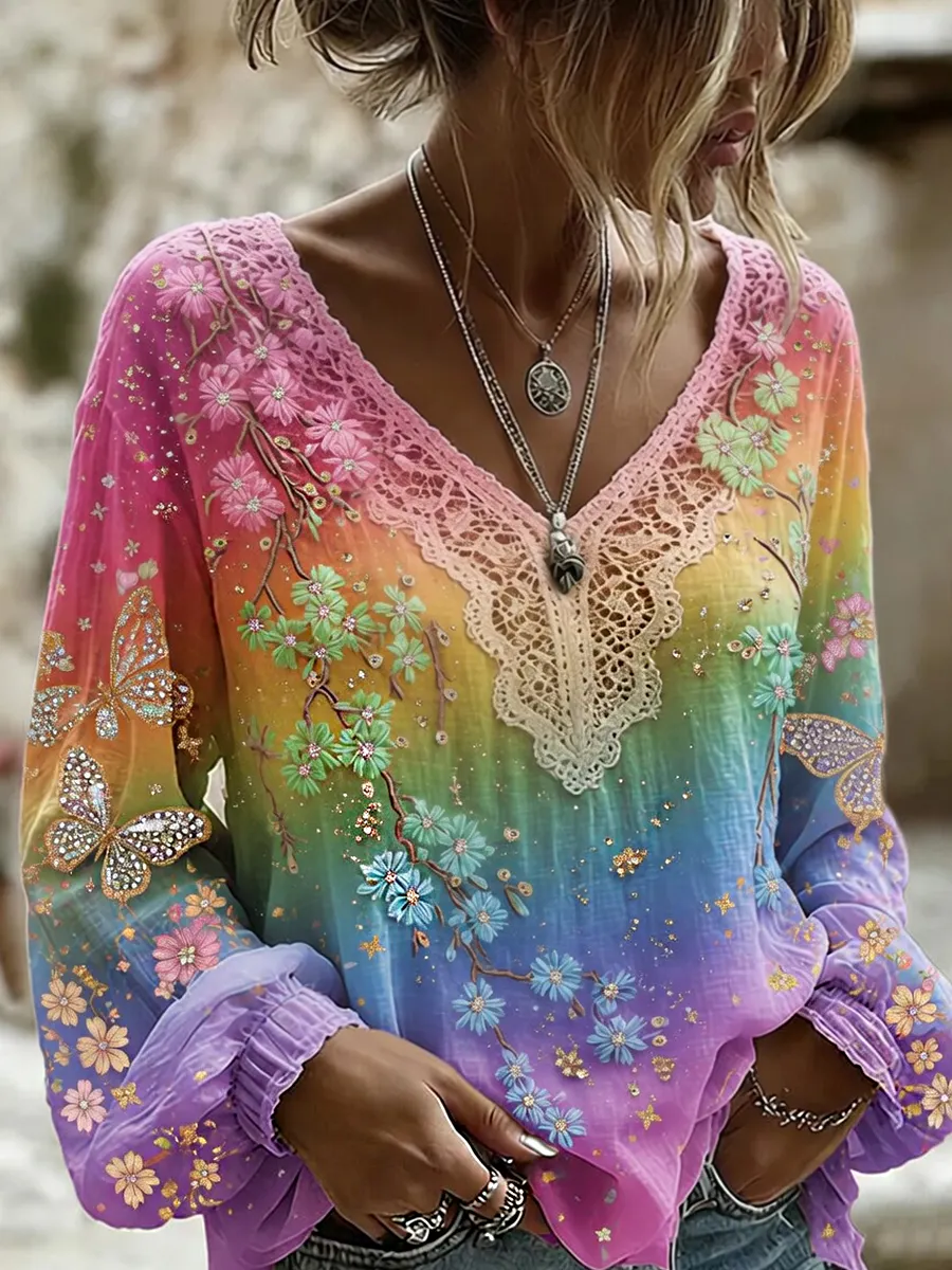 Damen-Top im Vintage-Stil mit floraler Kunstprint-Optik, aus Baumwolle und Leinen, lässig-Mode & Komfort