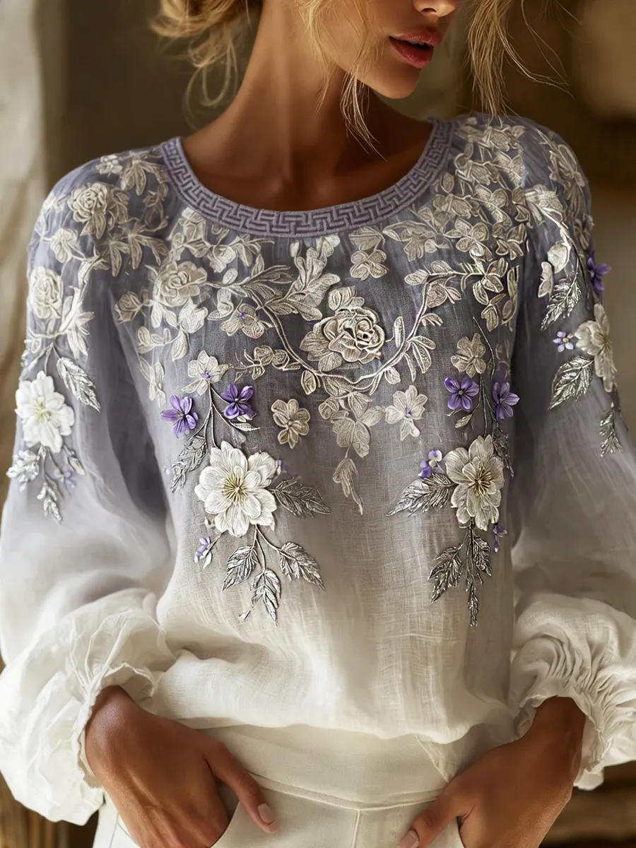 Damen-Top im Vintage-Stil mit floraler Kunstprint-Optik, aus Baumwolle und Leinen, lässig-Mode & Komfort