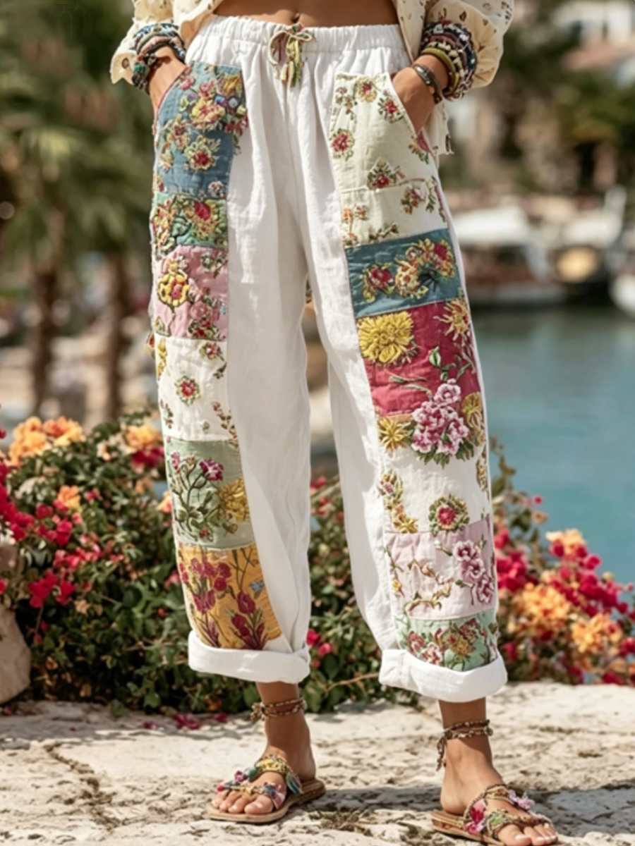 Damenhose im Boho-Stil mit floraler Stickerei, Kontrastfarben und Leinenanteil, lässig-Mode & Komfort