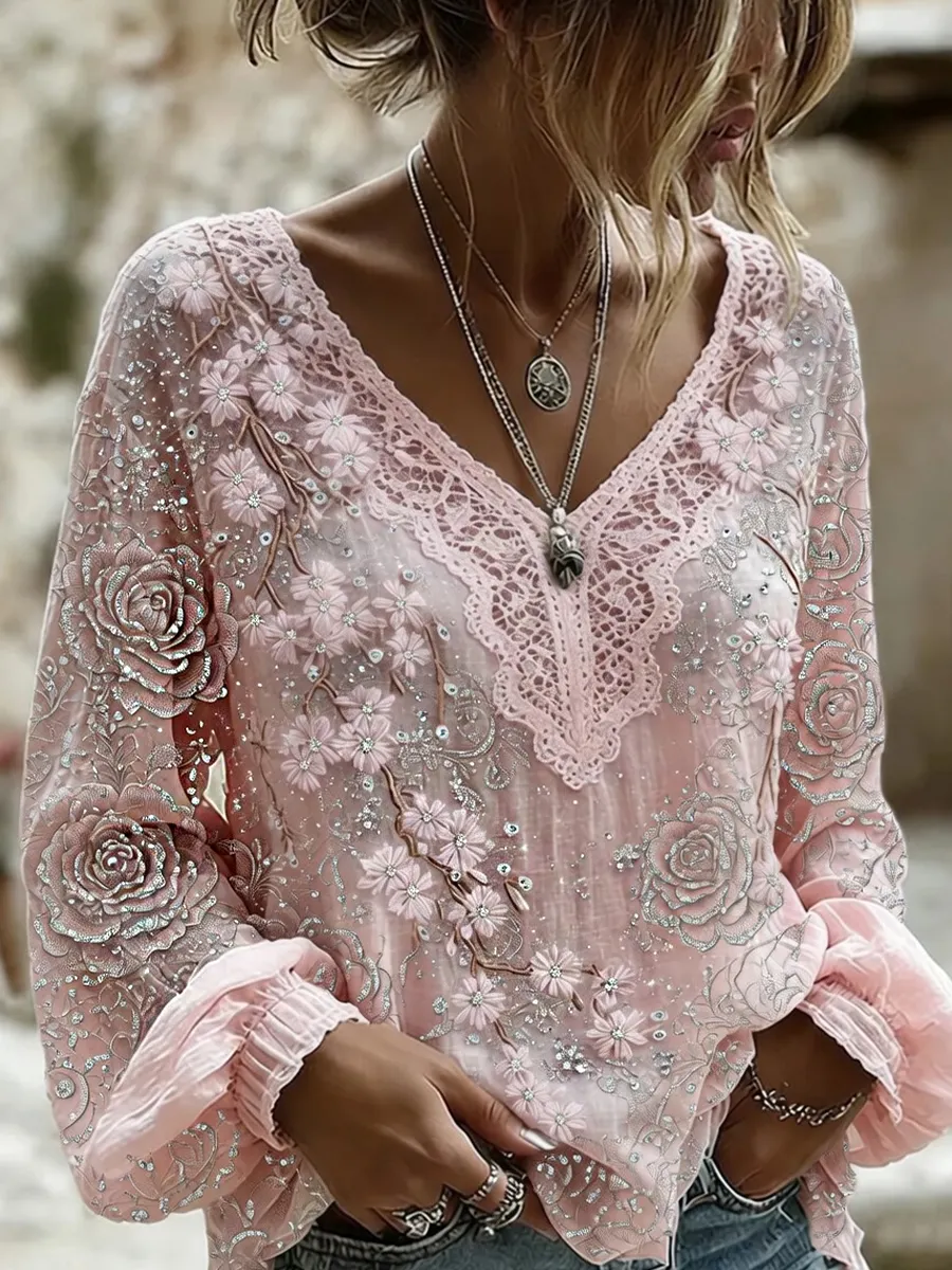 Damen-Top im Vintage-Stil mit floraler Kunstprint-Optik, aus Baumwolle und Leinen, lässig-Mode & Komfort