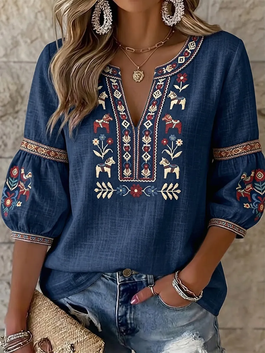 Schwedisches Hochsommer-Blumen oberteil mit V-Ausschnitt für Damen im Vintage-Stil-Mode & Komfort