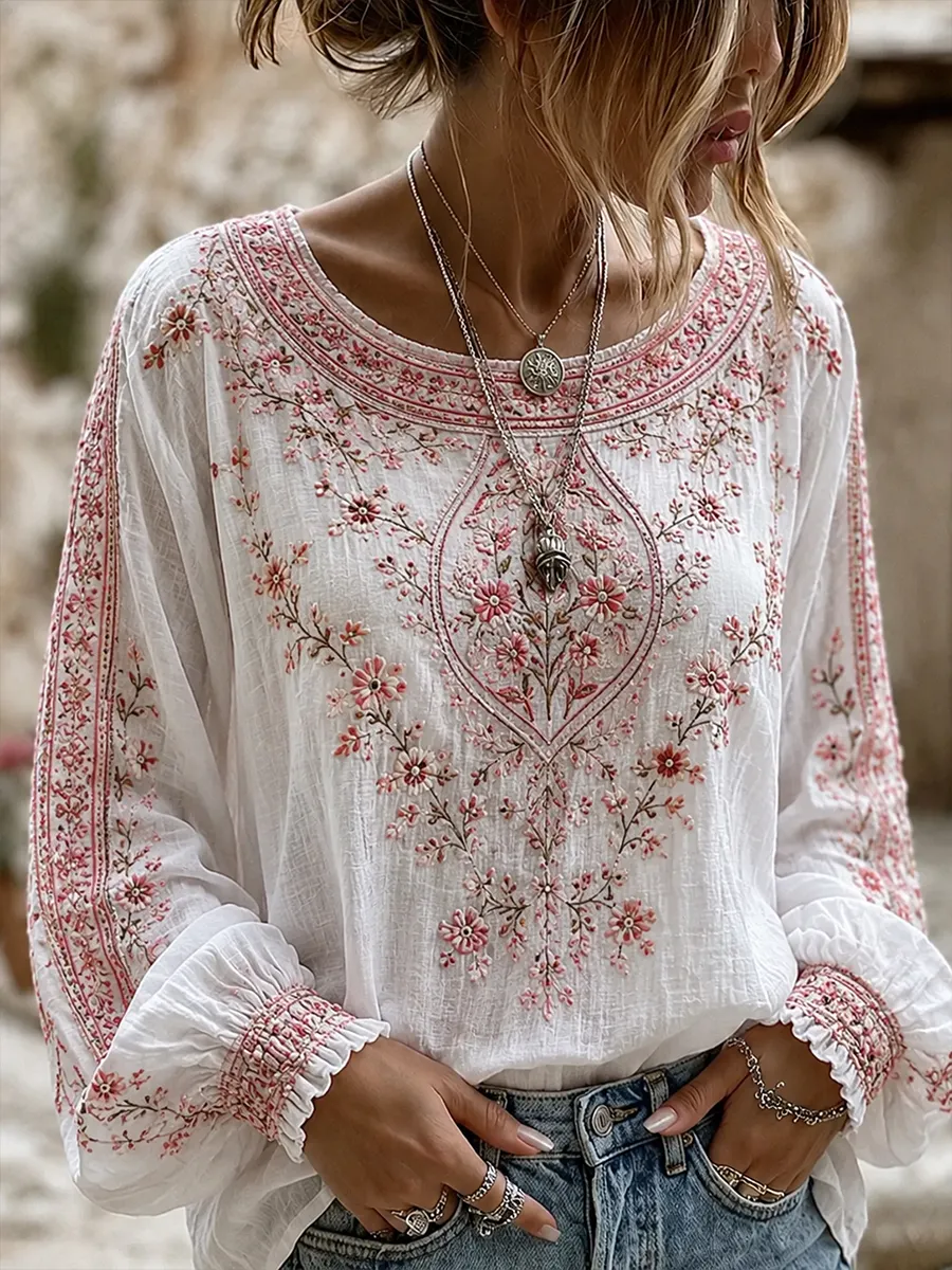 Damen-Top im Vintage-Stil mit floraler Kunstprint-Optik, aus Baumwolle und Leinen, lässig-Mode & Komfort