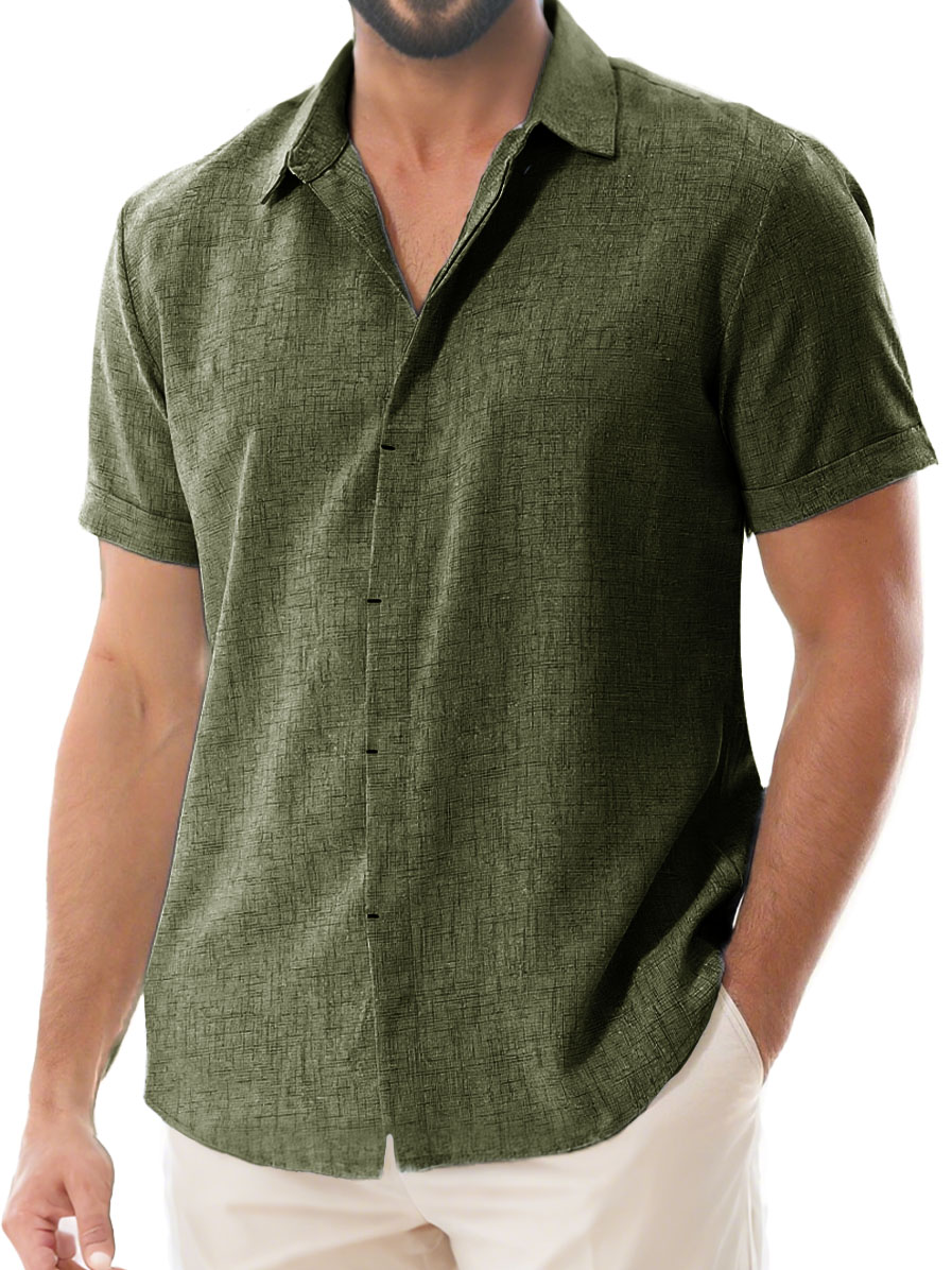 Herren Tägliches Lässiges Imitationsleinen Weites Kurzarm Hemd mit Revers-deurabatt