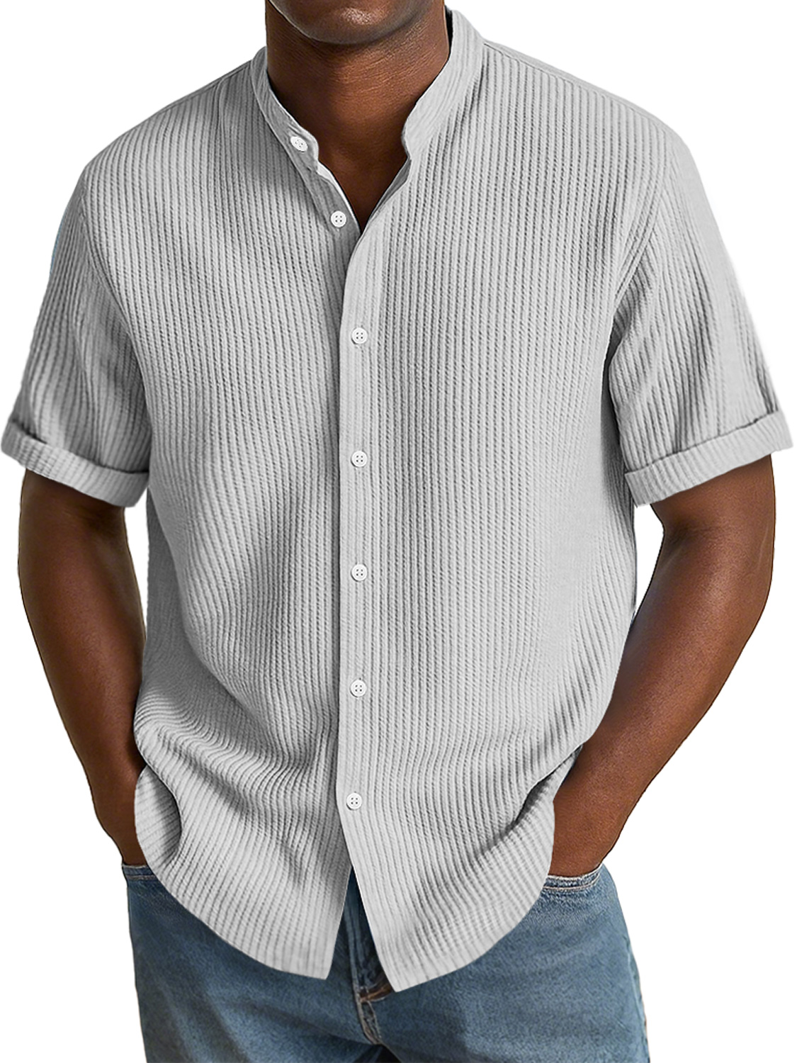 Herren Daily Texture Stoff Freizeit Stehkragen Einfarbig Kurzarmhemd-deurabatt