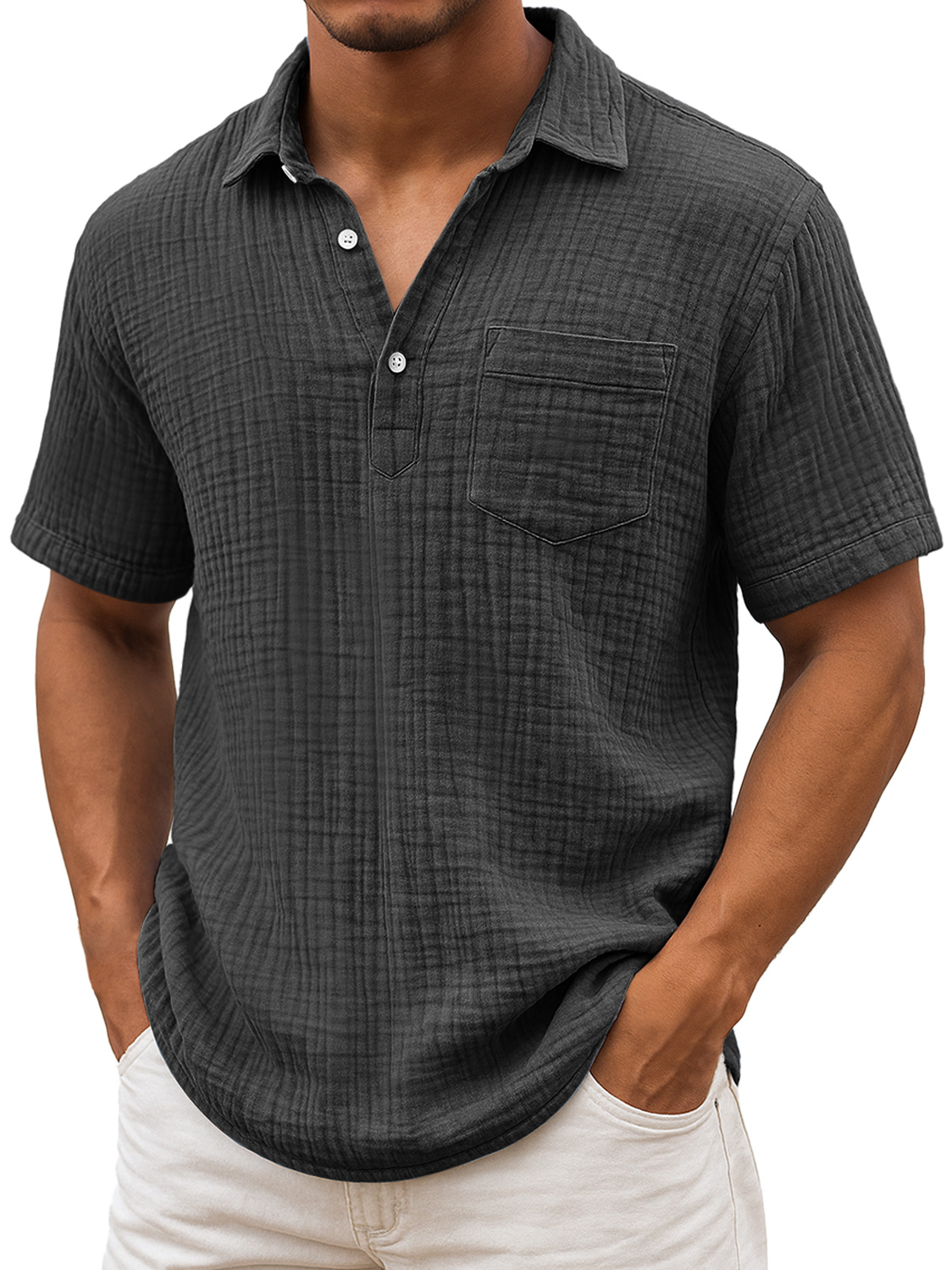 Herren Daily Plissee Textur Revers Freizeit Tasche Bequem Kurzarm POLO Hemd-deurabatt