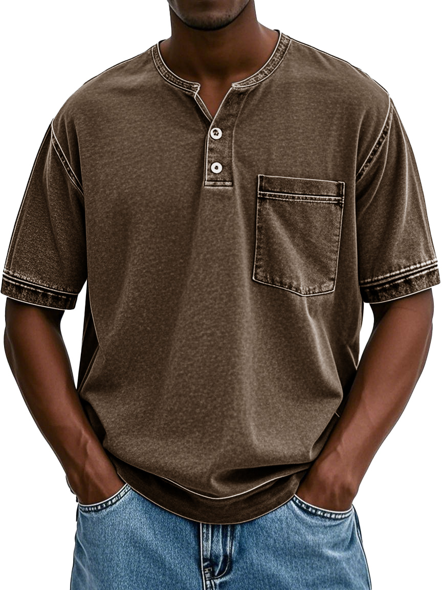 Herrenmode Vintage gewaschenes Taschen Kurzarm Henley-Shirt-deurabatt