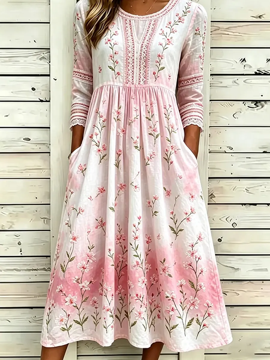 Damen Vintage Floral Bohemian-Stil Elegantes Midi-Kleid aus Baumwoll-Leinen-Mode & Komfort