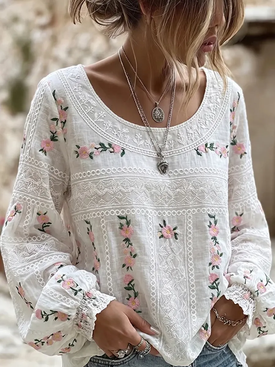 Damen-Top im Vintage-Stil mit floraler Kunstprint-Optik, aus Baumwolle und Leinen, lässig-Mode & Komfort