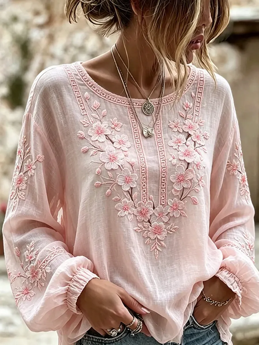 Retro floraler Kunstdruck lässiges Baumwoll-Leinen-Top-Mode & Komfort