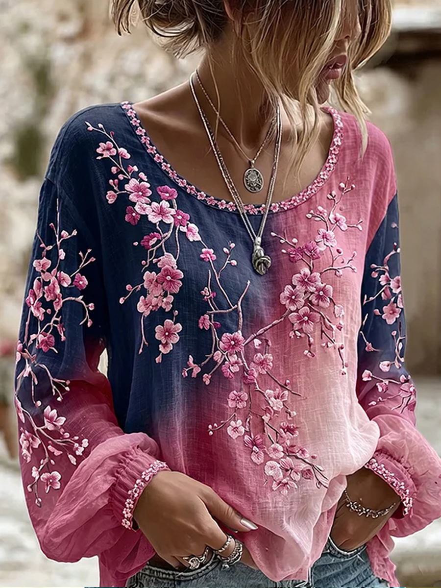 Damen-Top im Vintage-Stil mit floraler Kunstprint-Optik, aus Baumwolle und Leinen, lässig-Mode & Komfort