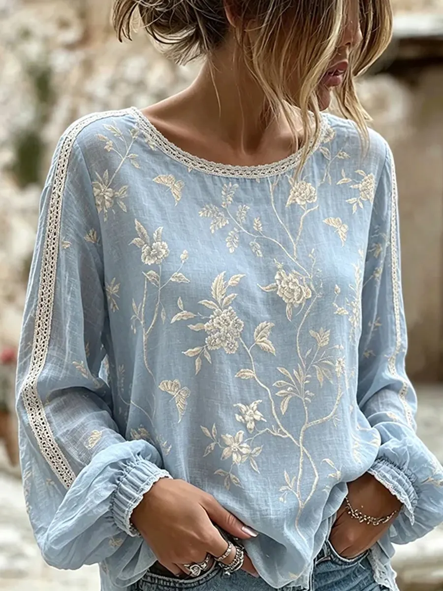 Damen-Top im Vintage-Stil mit floraler Kunstprint-Optik, aus Baumwolle und Leinen, lässig-Mode & Komfort