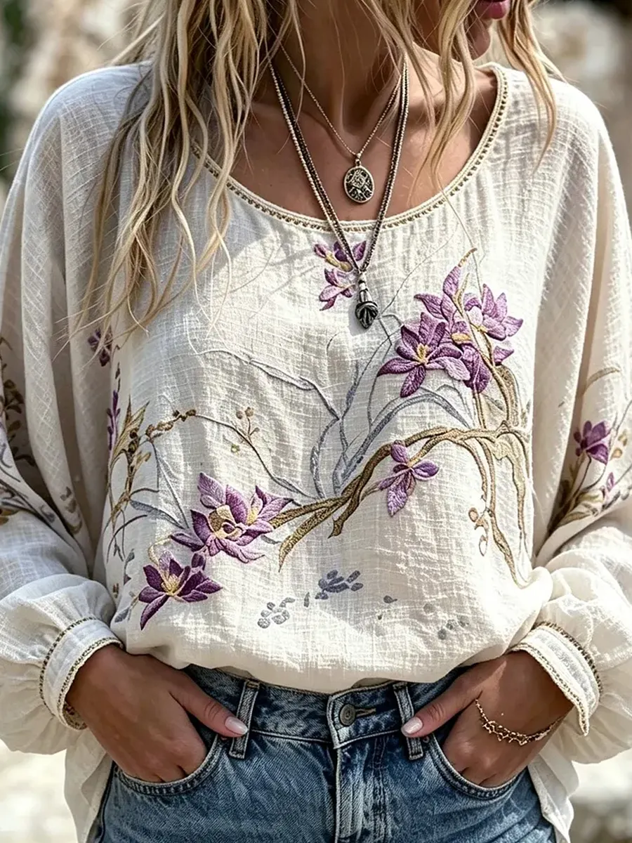 Damen-Top im Vintage-Stil mit floraler Kunstprint-Optik, aus Baumwolle und Leinen, lässig-Mode & Komfort