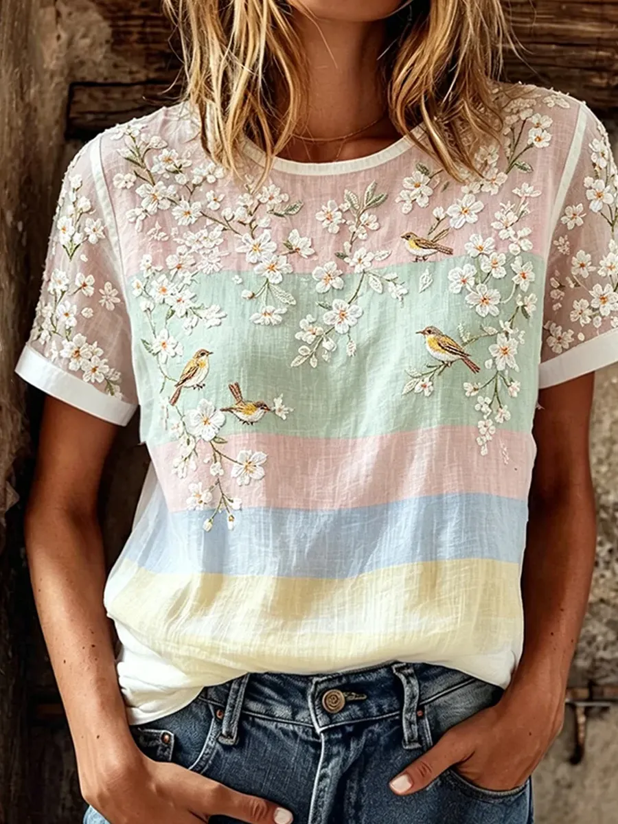 Damen Vintage Floral Art Print Casual T-Shirt-Mode & Komfort