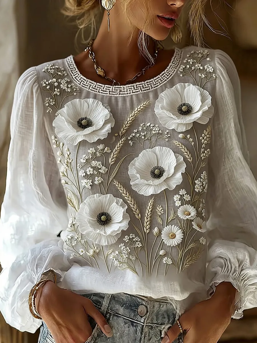 Damen-Top im Vintage-Stil mit floraler Kunstprint-Optik, aus Baumwolle und Leinen, lässig-Mode & Komfort