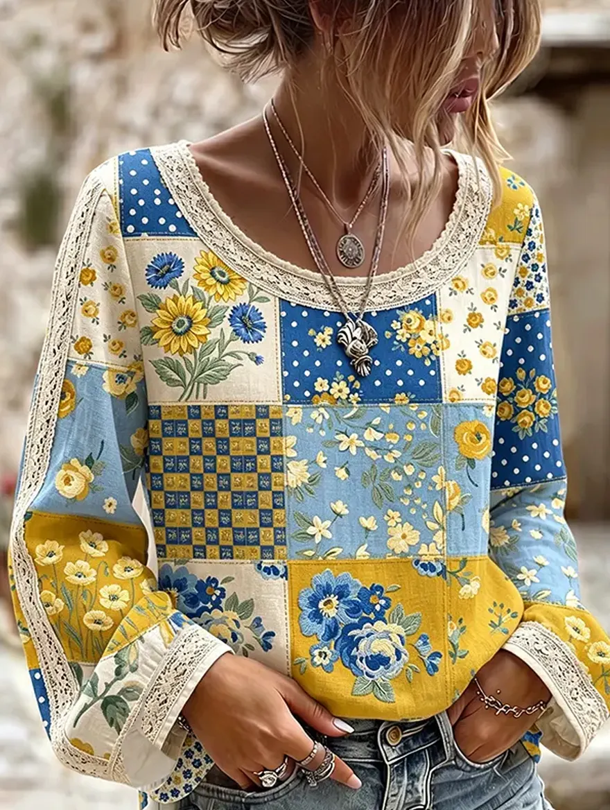 Damen-Top im Vintage-Stil mit floraler Kunstprint-Optik, aus Baumwolle und Leinen, lässig-Mode & Komfort