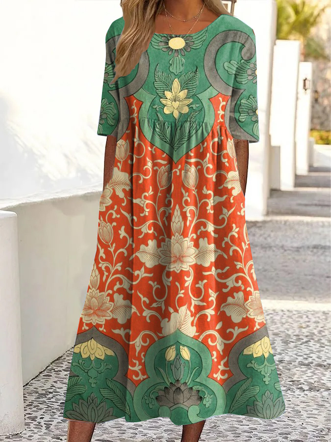 Vintage Midikleid mit Blumenmuster, Rundhalsausschnitt und Taschen-Mode & Komfort