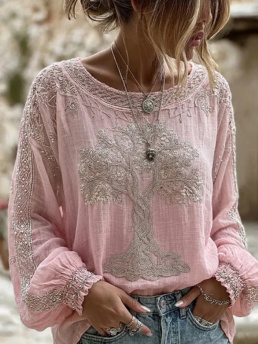 Damen-Top im Vintage-Stil mit floraler Kunstprint-Optik, aus Baumwolle und Leinen, lässig-Mode & Komfort