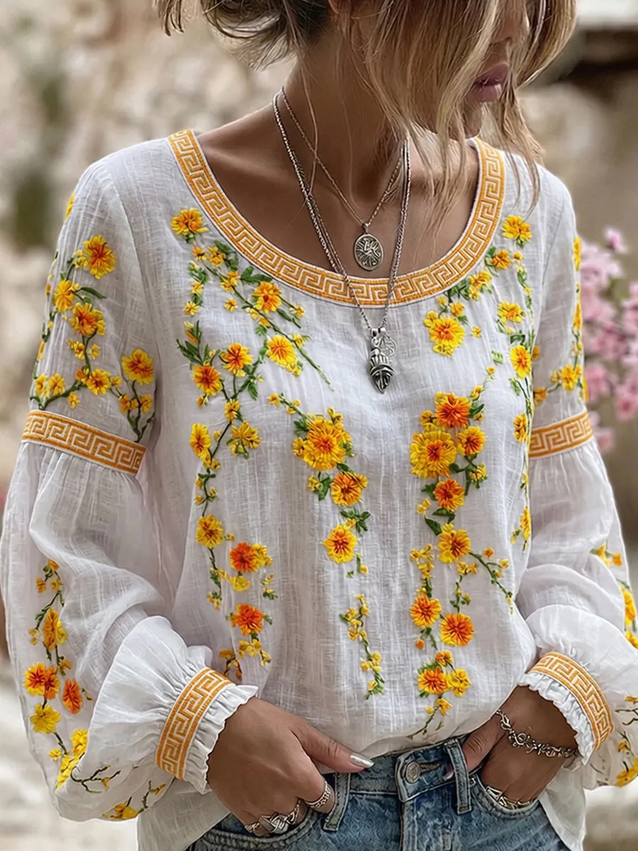 Damen-Top im Vintage-Stil mit floraler Kunstprint-Optik, aus Baumwolle und Leinen, lässig-Mode & Komfort