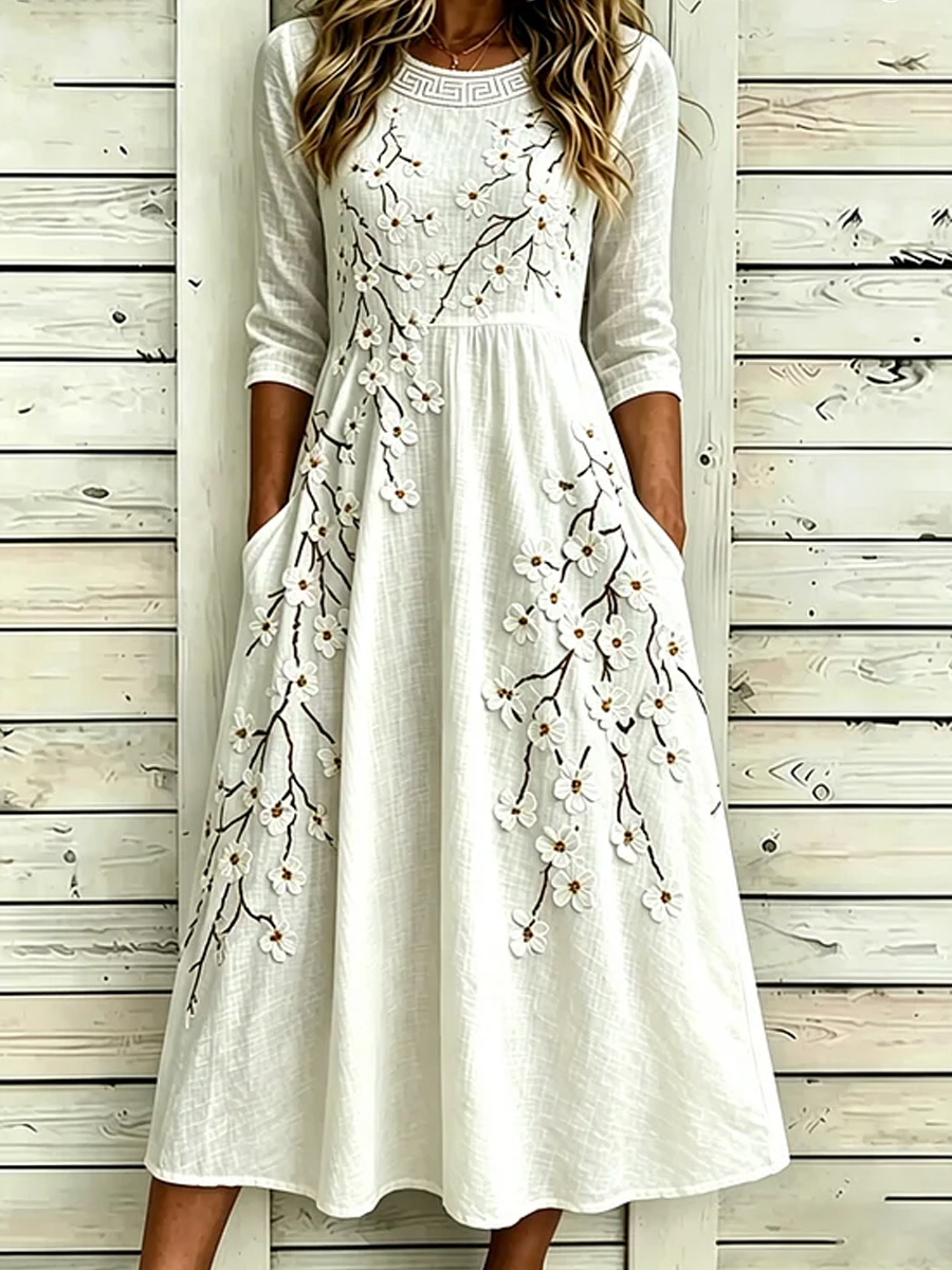 Damen-Vintage-Midi-Kleid im Boho-Stil aus Baumwolle und Leinen mit floraler Blumenmuster-Optik-Mode & Komfort