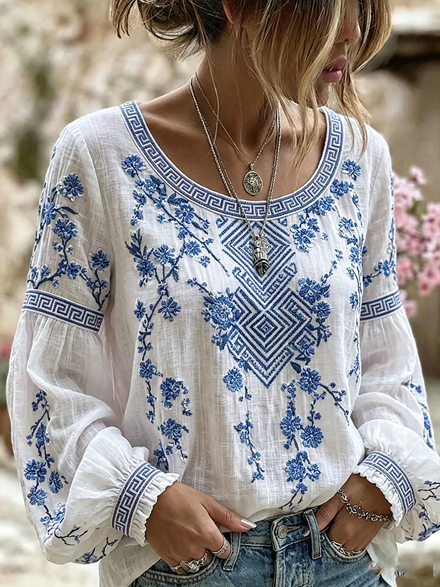 Damen-Top im Vintage-Stil mit floraler Kunstprint-Optik, aus Baumwolle und Leinen, lässig-Mode & Komfort