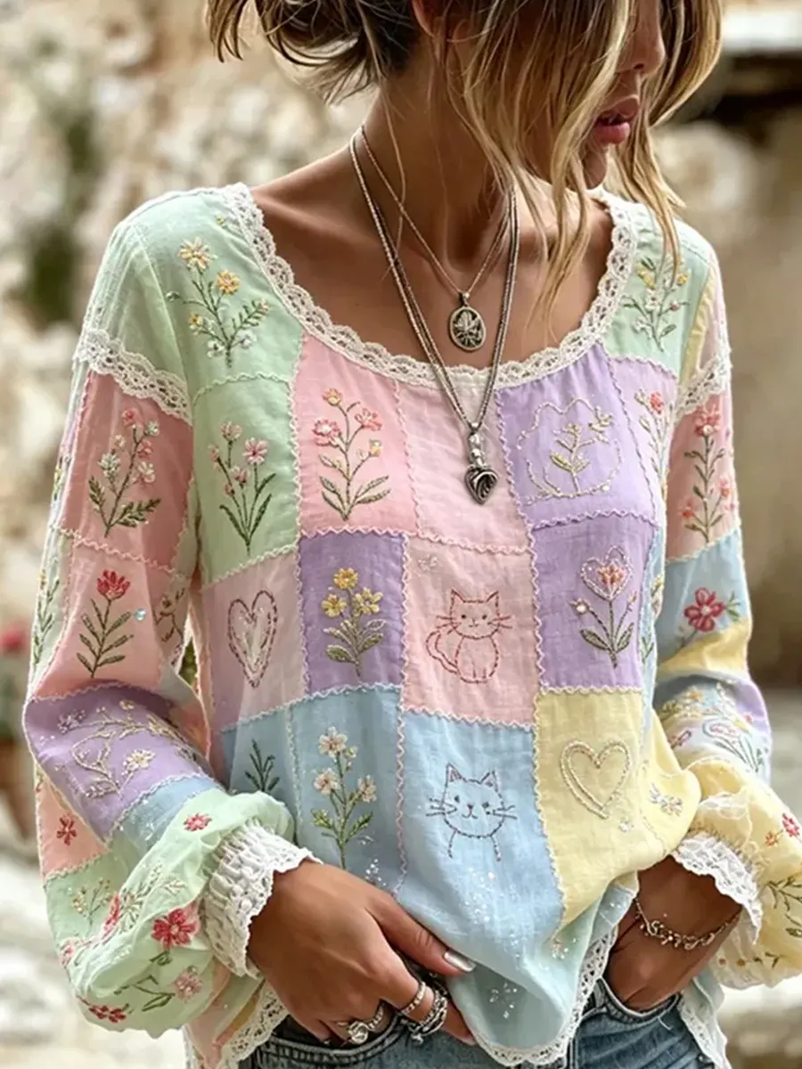 Damen-Top im Vintage-Stil mit floraler Kunstprint-Optik, aus Baumwolle und Leinen, lässig-Mode & Komfort