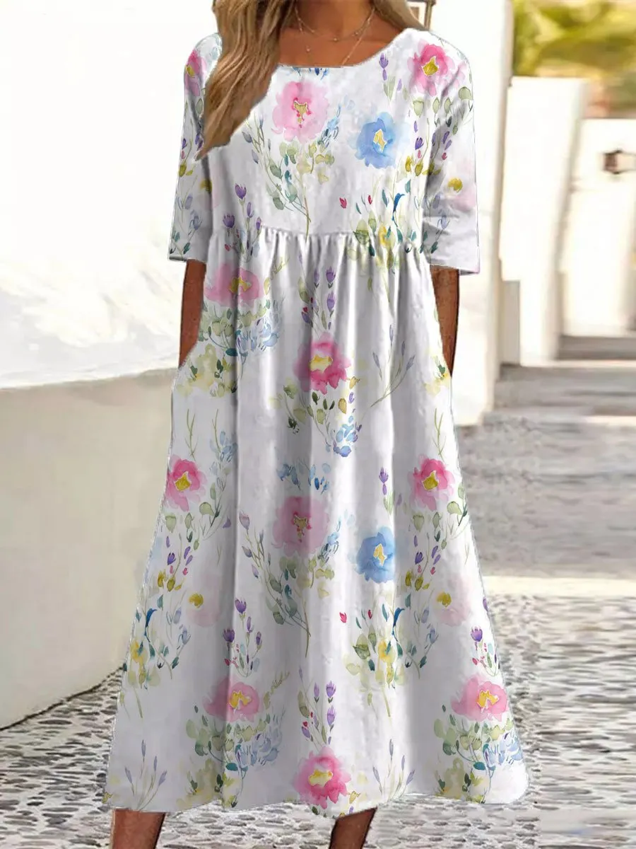 Damen-Baumwollkleid mit Blumenmuster und Taschen-Mode & Komfort
