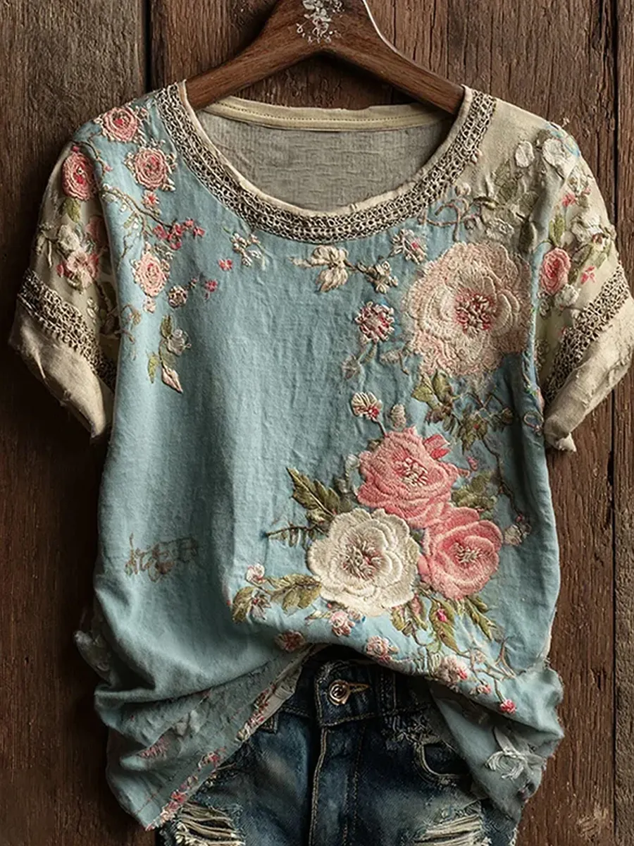 Damen Vintage Blumenkunstdruck Freizeit-Top-Mode & Komfort
