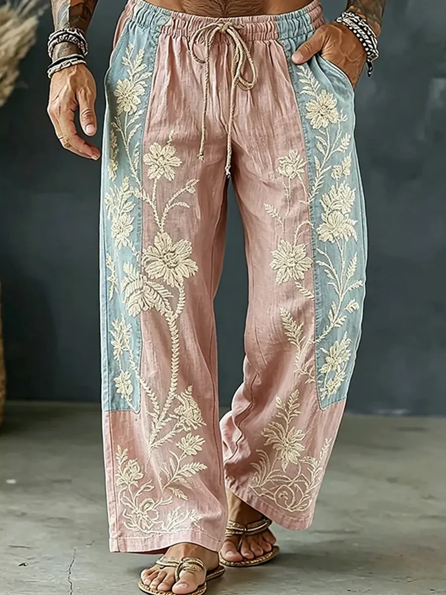Herren-Top im Vintage-Stil mit abstraktem Kunstprint, lässig, aus Baumwolle und Leinen, langgeschnitten-Mode & Komfort