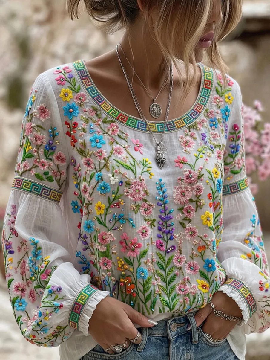 Damen-Top im Vintage-Stil mit floraler Kunstprint-Optik, aus Baumwolle und Leinen, lässig-Mode & Komfort