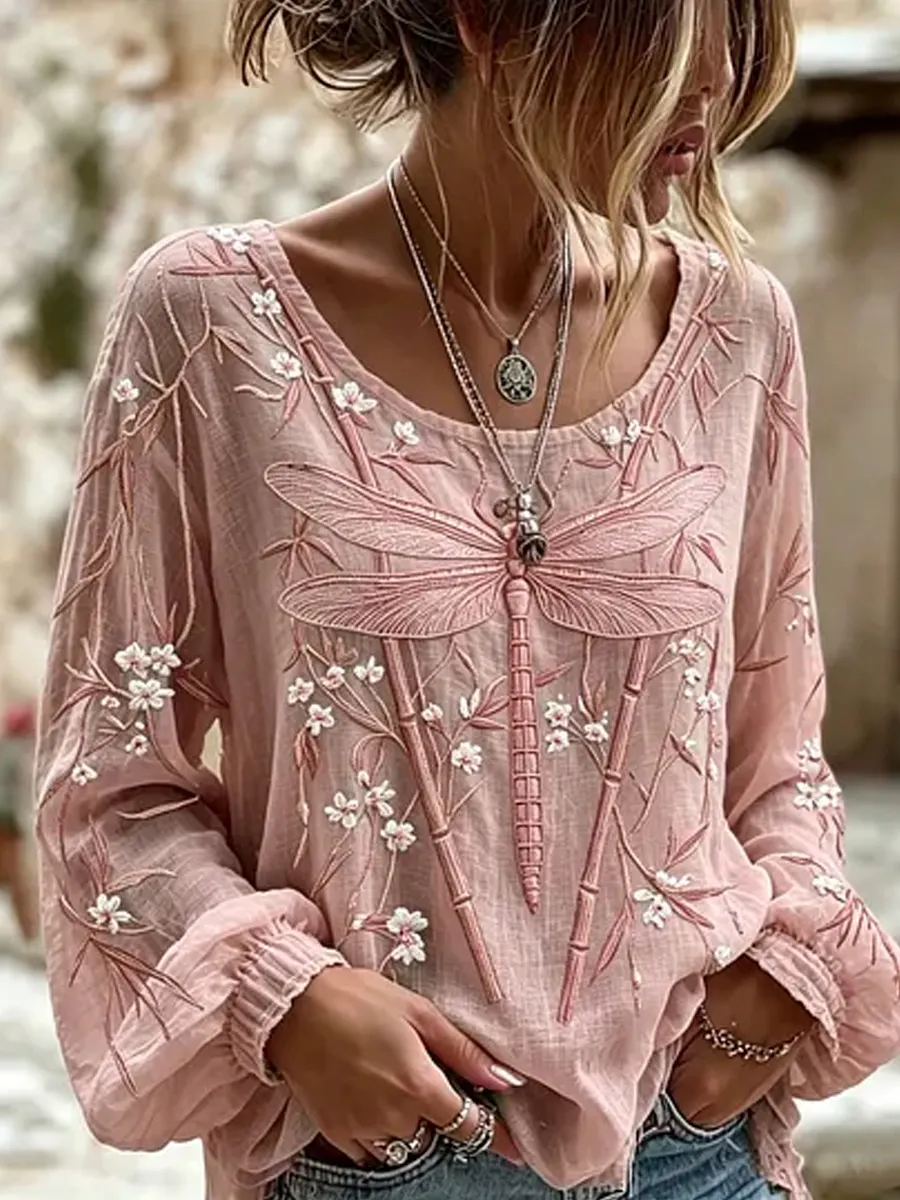 Damen-Top im Vintage-Stil mit floraler Kunstprint-Optik, aus Baumwolle und Leinen, lässig-Mode & Komfort