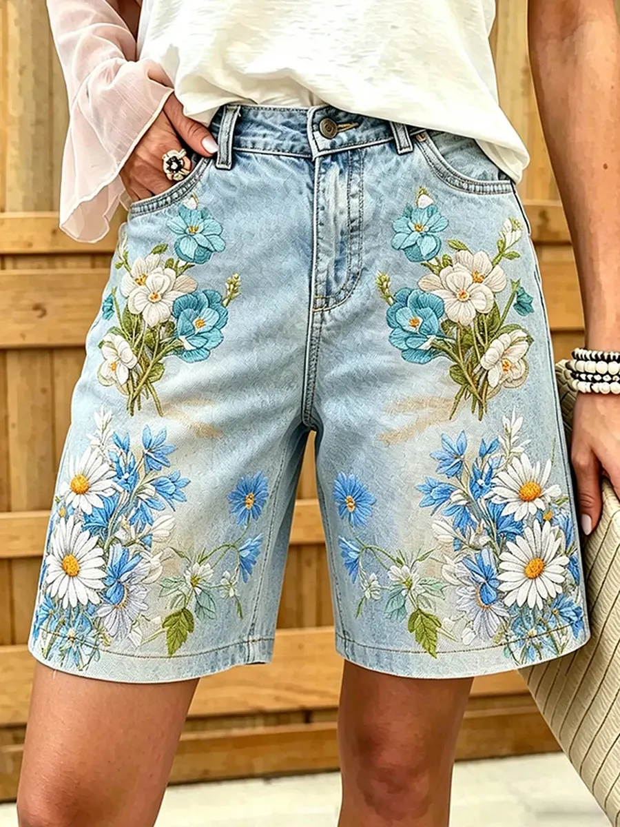 Damen Vintage Blumenkunstdruck Freizeithosen-Mode & Komfort
