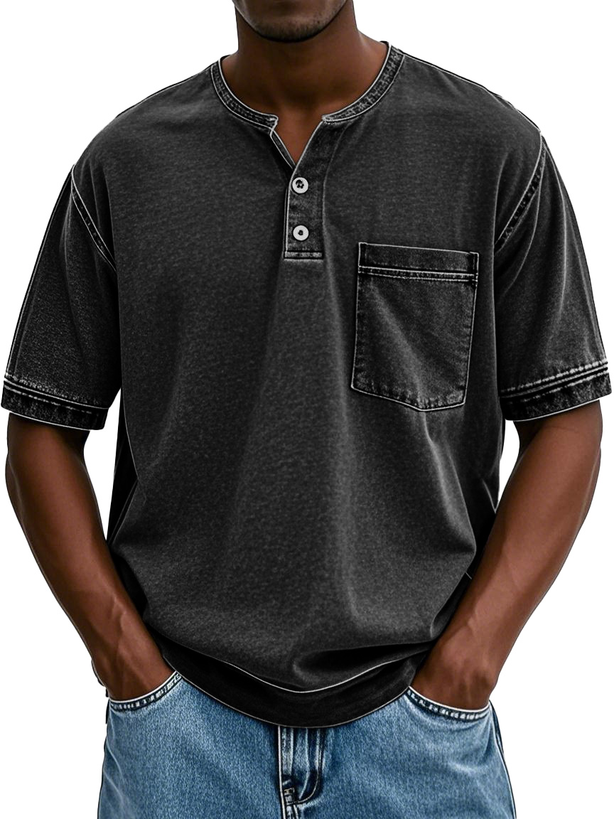 Herrenmode Vintage gewaschenes Taschen Kurzarm Henley-Shirt-deurabatt