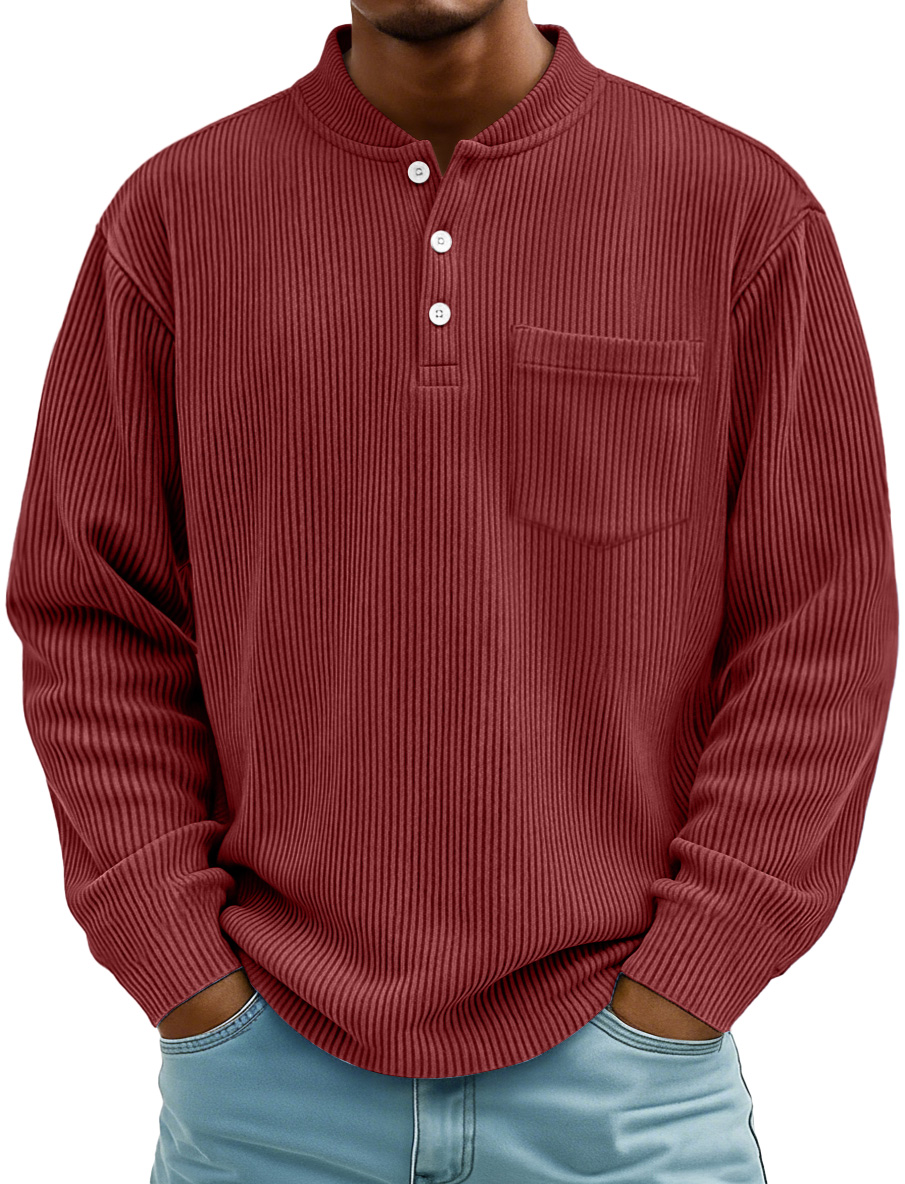 Herrenmode Ridge Stehkragen Knopf Freizeit Taschen Henley Shirt-deurabatt