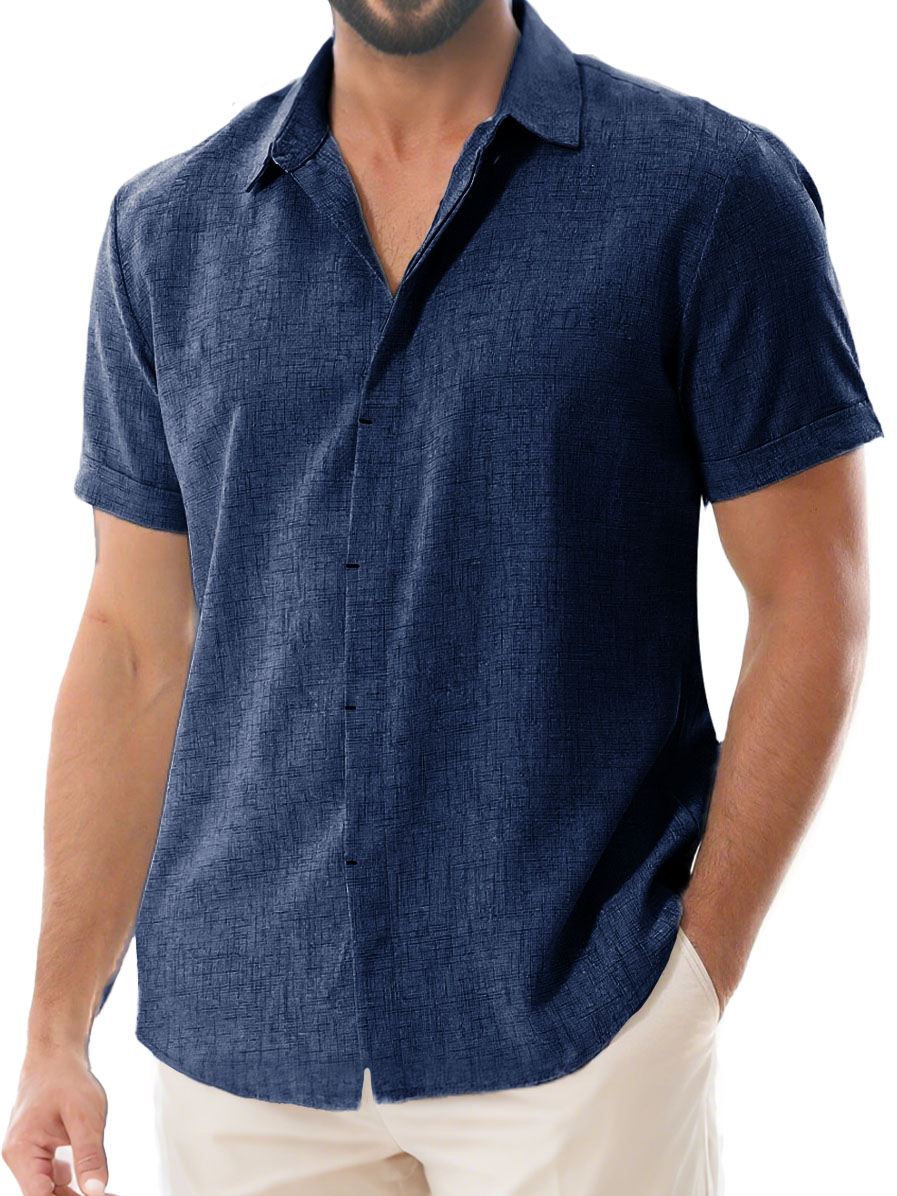Herren Tägliches Lässiges Imitationsleinen Weites Kurzarm Hemd mit Revers-deurabatt