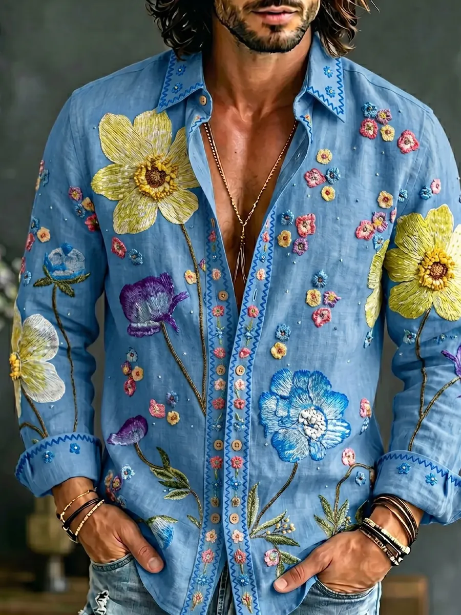 Herren-Retro-Shirt mit abstraktem Kunstprint, lässig, aus Baumwolle-Leinen-Mischgewebe-Mode & Komfort