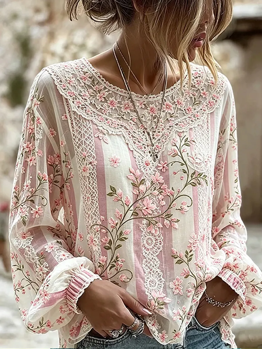 Damen-Top im Vintage-Stil mit floraler Kunstprint-Optik, aus Baumwolle und Leinen, lässig-Mode & Komfort