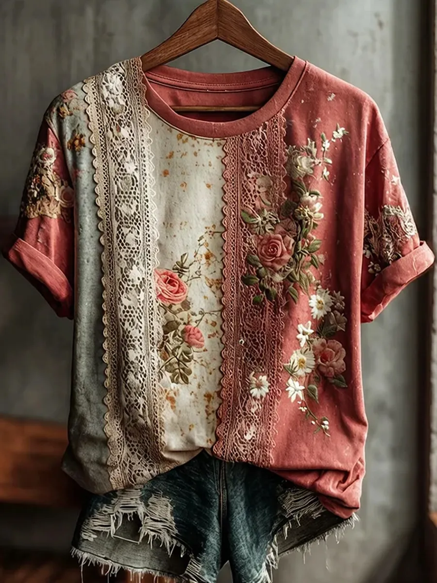 Retro Blumenkunstdruck Lässiges & bequemes T-Shirt-Mode & Komfort