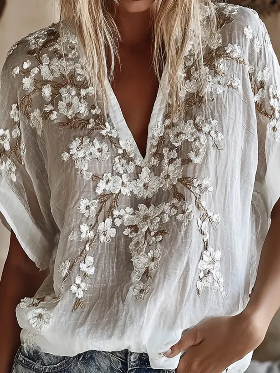 Damen-Top im Vintage-Stil mit floraler Kunstprint-Optik, aus Baumwolle und Leinen, lässig-Mode & Komfort