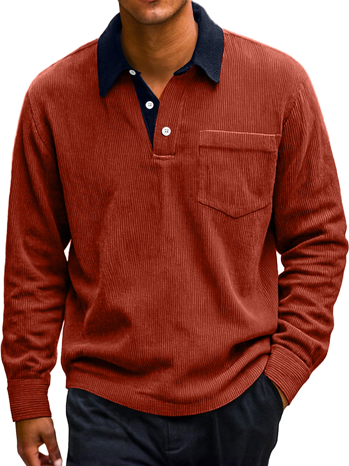 Lässiges Poloshirt mit langen Ärmeln und Retro-Cord-Revers im Colorblock-Stil für Herren-deurabatt