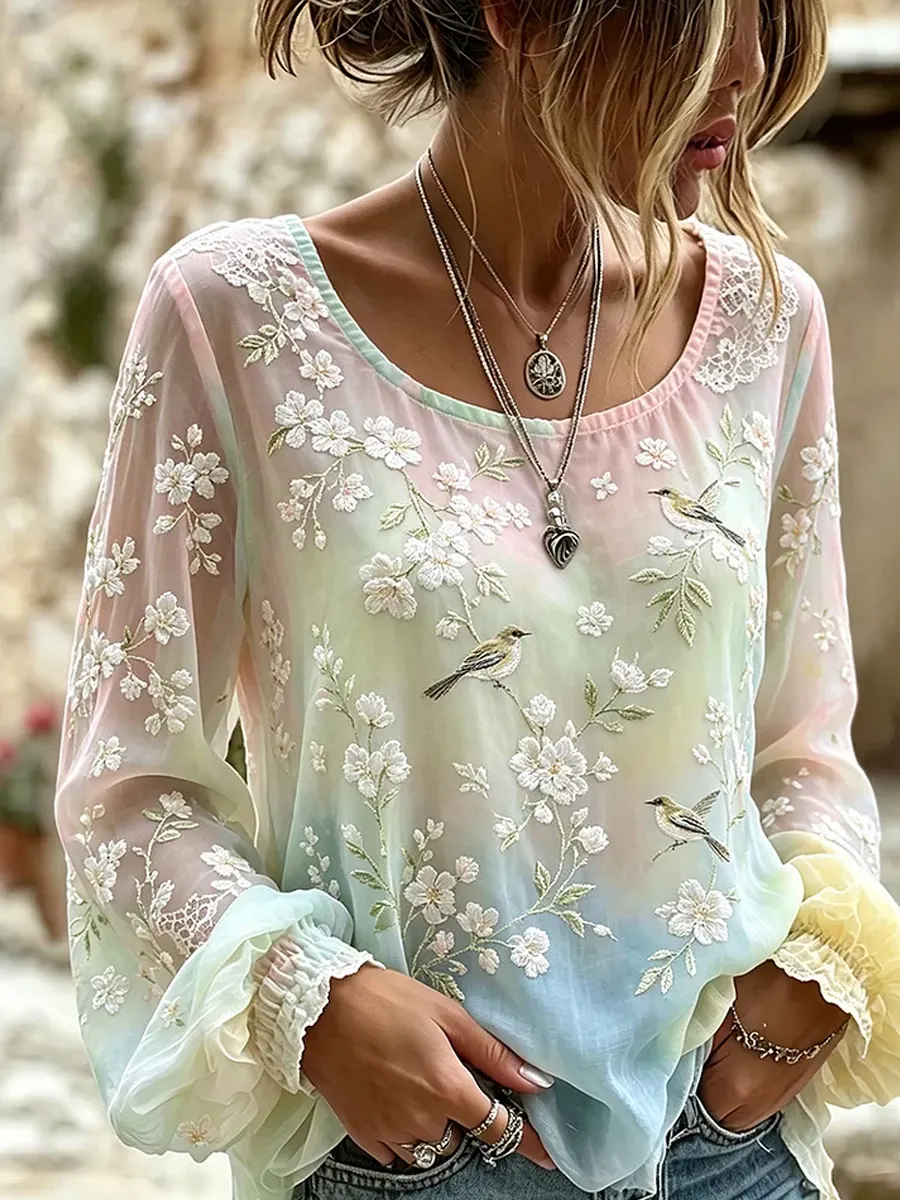 Damen-Top im Vintage-Stil mit floraler Kunstprint-Optik, aus Baumwolle und Leinen, lässig-Mode & Komfort