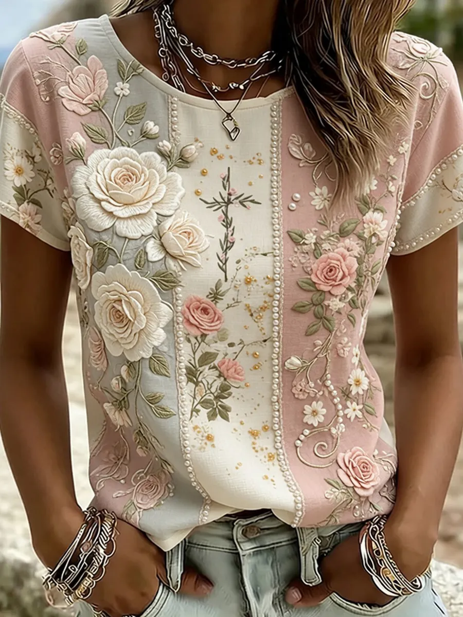 Damen-Comfort-T-Shirt mit vintage Blumenkunstdruck-Mode & Komfort