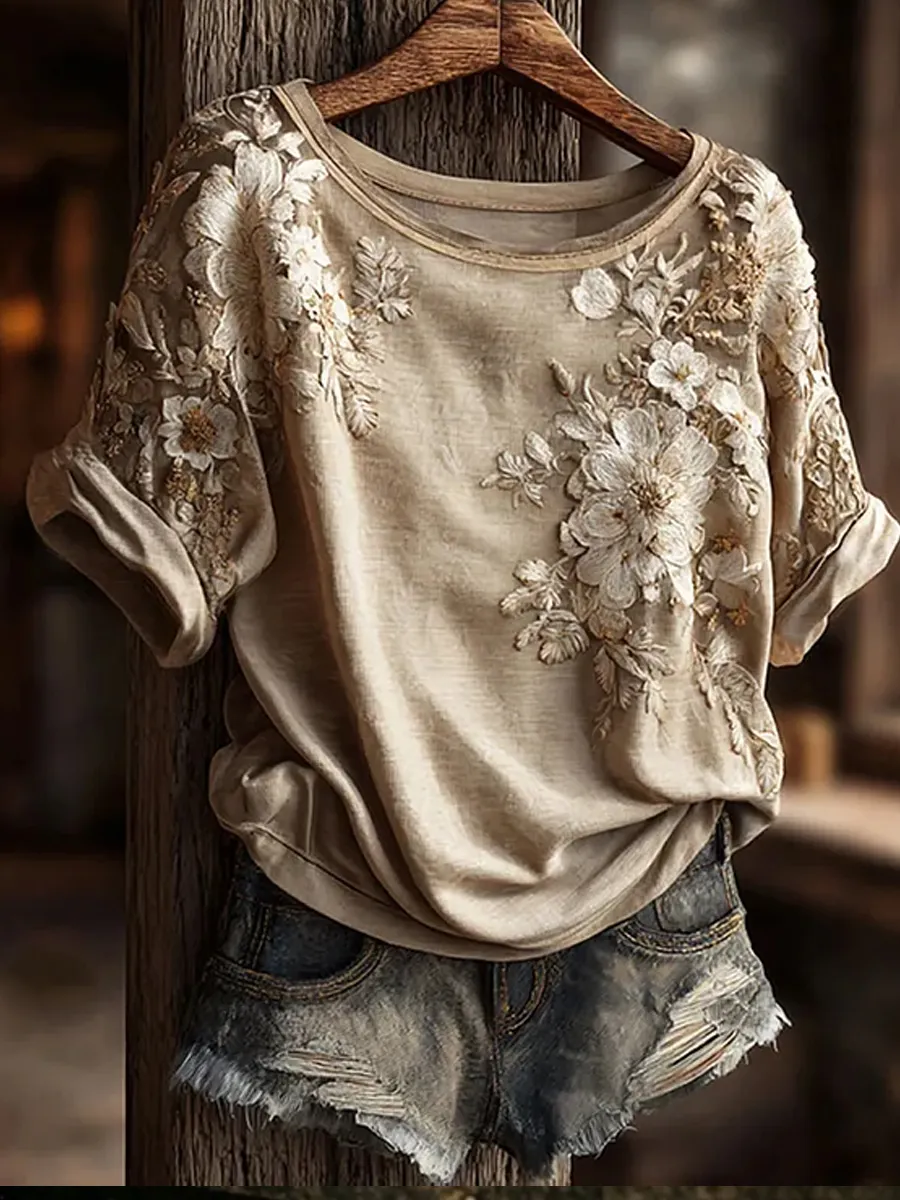 Retro Floral Art Print lässig & komfortabel T-Shirt-Mode & Komfort