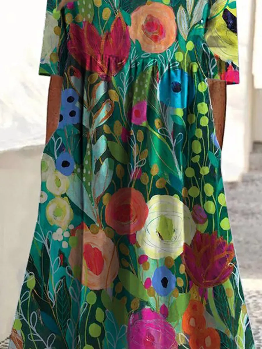 Damen Vintage Hübsches Floral Kunstdruck Taschen Baumwollkleid-Mode & Komfort