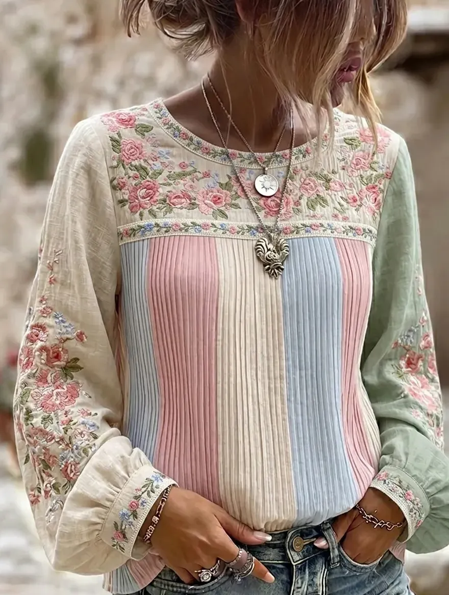 Damen-Top im Vintage-Stil mit floraler Kunstprint-Optik, aus Baumwolle und Leinen, lässig-Mode & Komfort