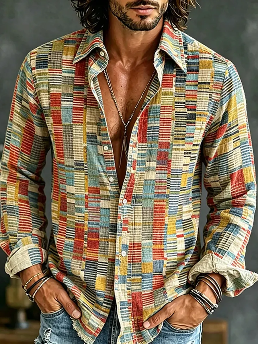 Herren-Retro-Shirt mit abstraktem Kunstprint, lässig, aus Baumwolle-Leinen-Mischgewebe-Mode & Komfort