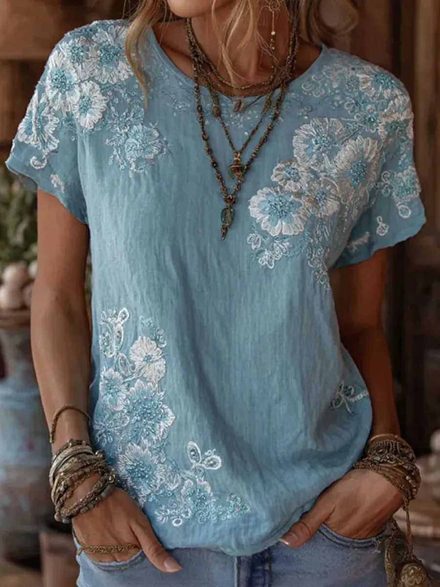 Damen-Retro-Top mit floraler Kunstprint-Optik, aus Baumwolle und Leinen, lässig-Mode & Komfort