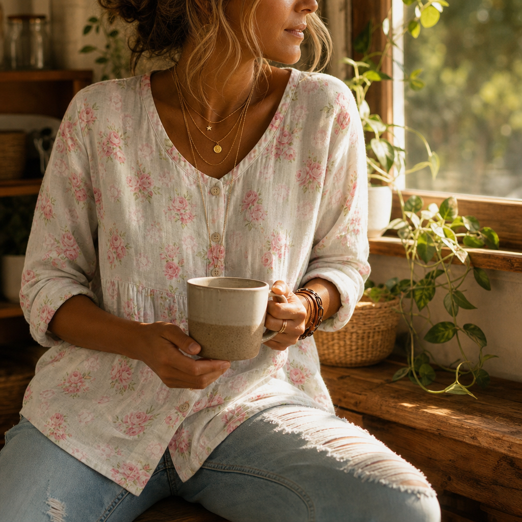 Detail of linen top, highlighting side slits and breathability