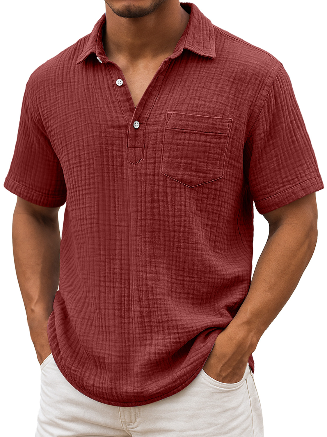 Herren Daily Plissee Textur Revers Freizeit Tasche Bequem Kurzarm POLO Hemd-deurabatt